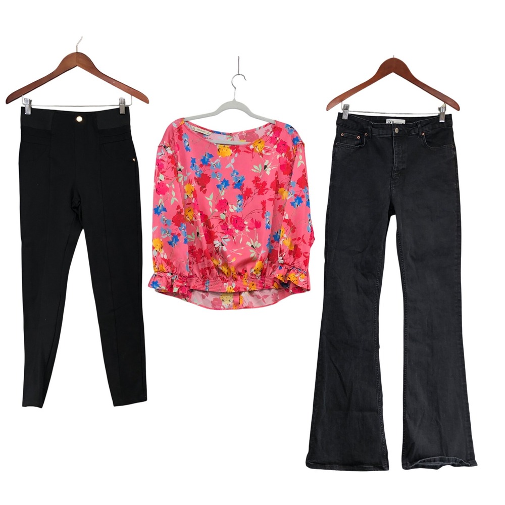 Zara Bundle Womens Size M 10 Floral Blouse Flare Jeans Skinny Pants Multi Color